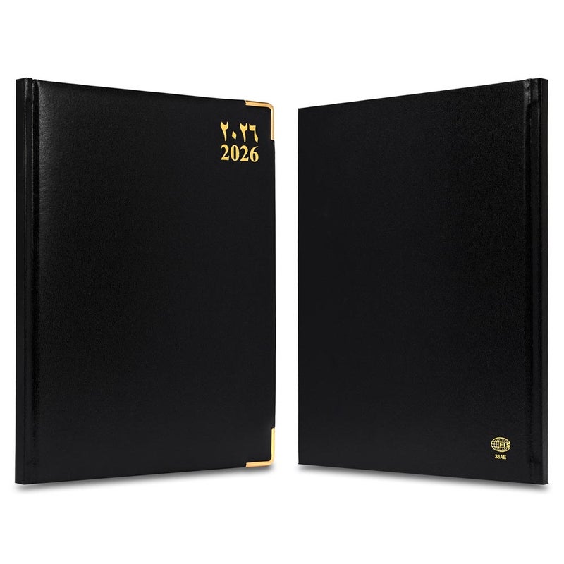 FIS 2026 Executive Diary, 210x260mm, 1 Side Padded Vinyl Cover, Golden Corners, 1 Week at a Glance, Arabic/English/French, 70gsm White Paper, Black Cover-FSDI33AE26BK - Image 2