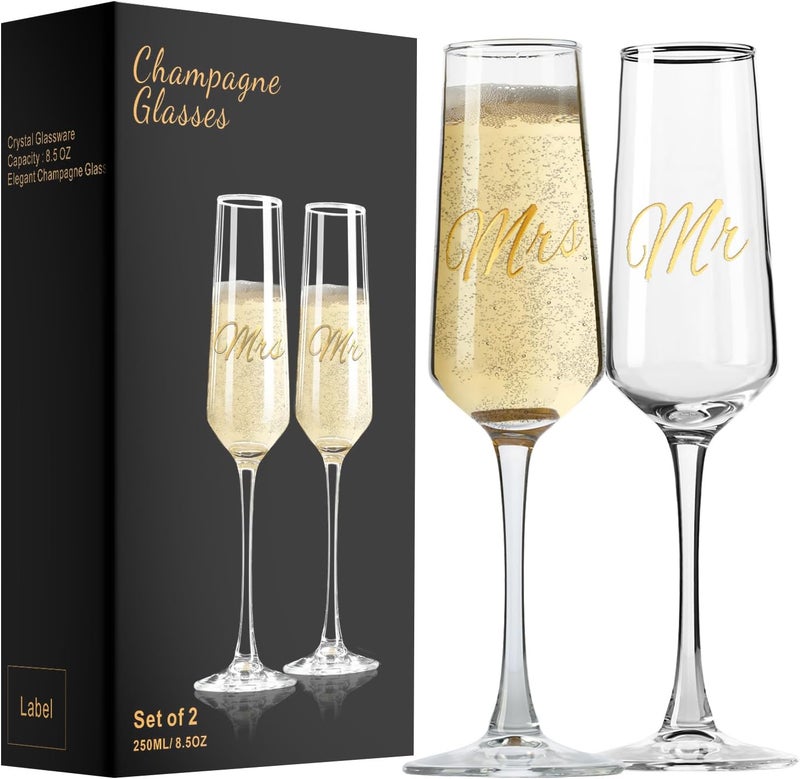 PARACITY Mr and Mrs Wedding Champagne Flutes Set of 2, Bride and Groom Champagne Glasses, Bridal Shower Gifts, Engagement Gift, 8.5oz/250ml - Image 1