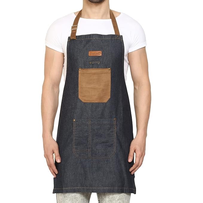 Palap Premium Denim Apron with Pockets for BBQ Grill, Cooking, Kitchen, Chef Coat. Apron for Men and Women - Unisex Adjustable Neck Strap Gardening Apron Coat - BLUE - Image 2