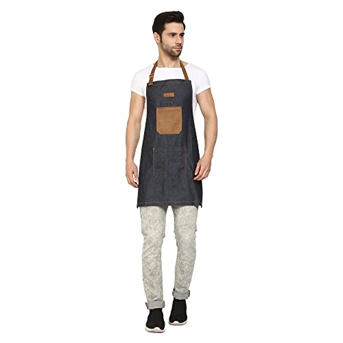 Palap Premium Denim Apron with Pockets for BBQ Grill, Cooking, Kitchen, Chef Coat. Apron for Men and Women - Unisex Adjustable Neck Strap Gardening Apron Coat - BLUE - Image 3
