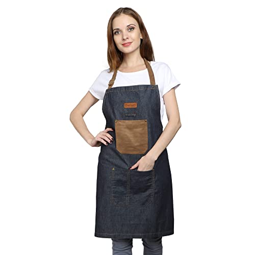Palap Premium Denim Apron with Pockets for BBQ Grill, Cooking, Kitchen, Chef Coat. Apron for Men and Women - Unisex Adjustable Neck Strap Gardening Apron Coat - BLUE - Image 4