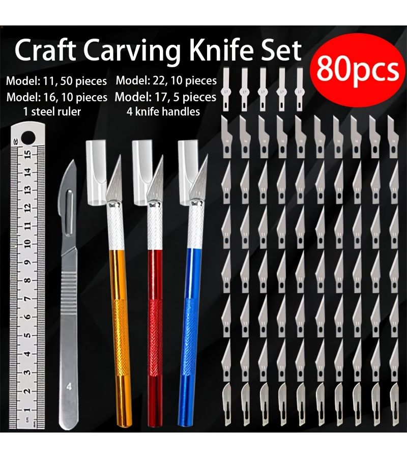 80 Piece Craft Carving Knife Set With 4 Knife Handles 75 Replacement Blades And 1 Ruler For Precision Detailed Carving - Image 1