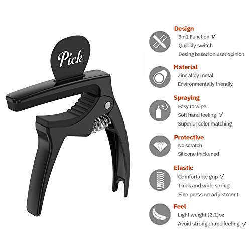 TANMUS 3in1 Guitar Capo for Acoustic and Electric Guitars,2 Pack(with Pick Holder and 6Picks),Ukulele,Strings Accessories - Image 2