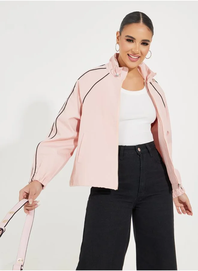 Styli Oversized Regular Length Bomber Jacket with Contrast Piping