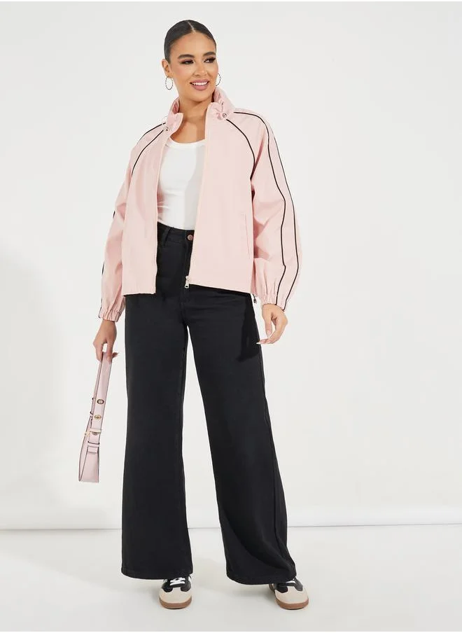 Styli Oversized Regular Length Bomber Jacket with Contrast Piping