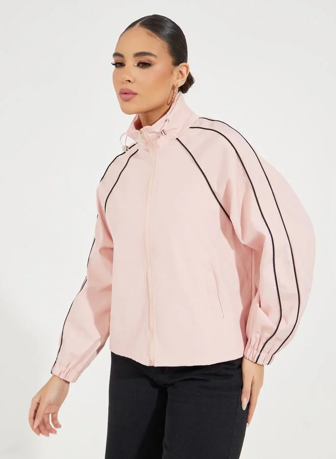 Styli Oversized Regular Length Bomber Jacket with Contrast Piping