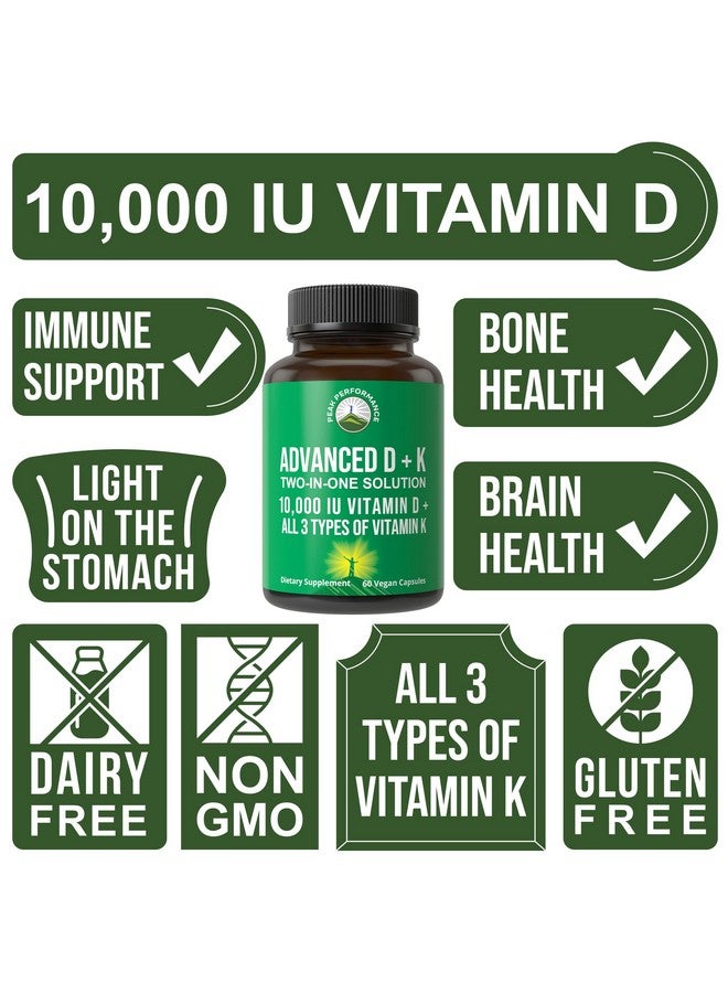Peak Performance Advanced Vitamin D 10000 IU with All 3 Types of Vitamin K Capsules 10,000 IU Vitamin D3 and Vitamin K2, K1, MK-7 (MK7), MK4 Supplement. 60 Small and Easy to Swallow Pills - Image 3