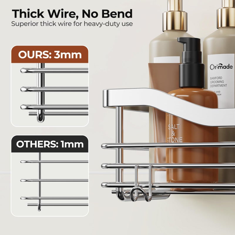 Orimade Shower Caddy Basket Shelf Storage Rack Pack of 2, No Drilling Wall Mounted Adhesive Rust Proof Stainless Steel Shower Organizer with 5 Hooks for Bathroom, Toilet, Kitchen - Image 4