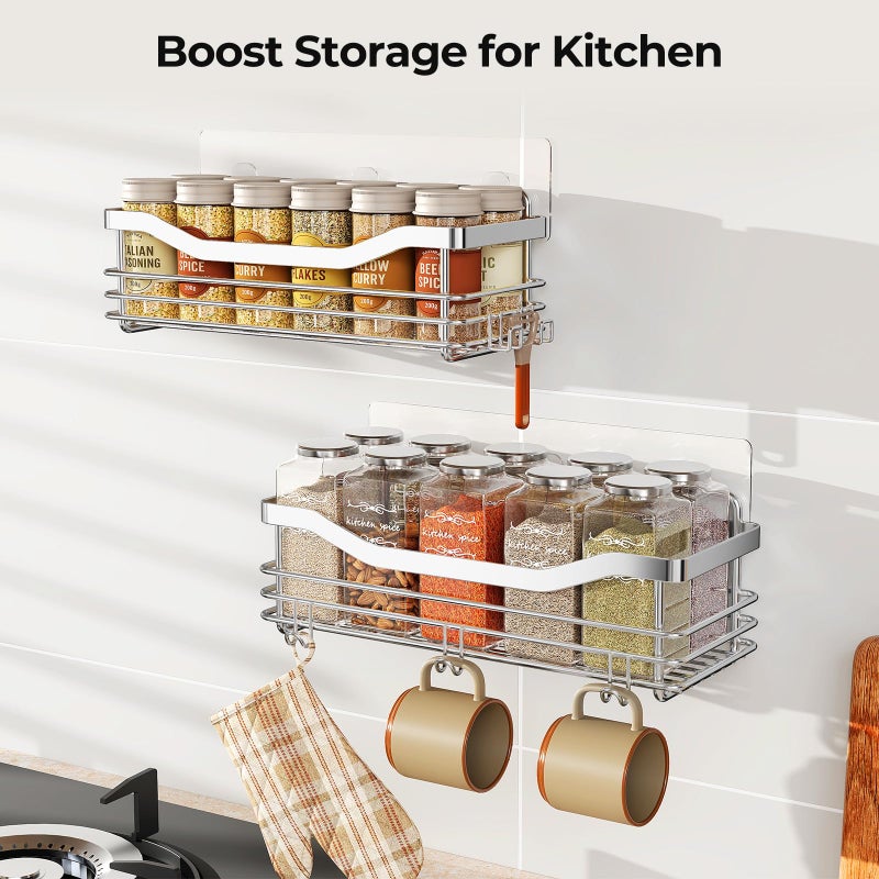 Orimade Shower Caddy Basket Shelf Storage Rack Pack of 2, No Drilling Wall Mounted Adhesive Rust Proof Stainless Steel Shower Organizer with 5 Hooks for Bathroom, Toilet, Kitchen - Image 3