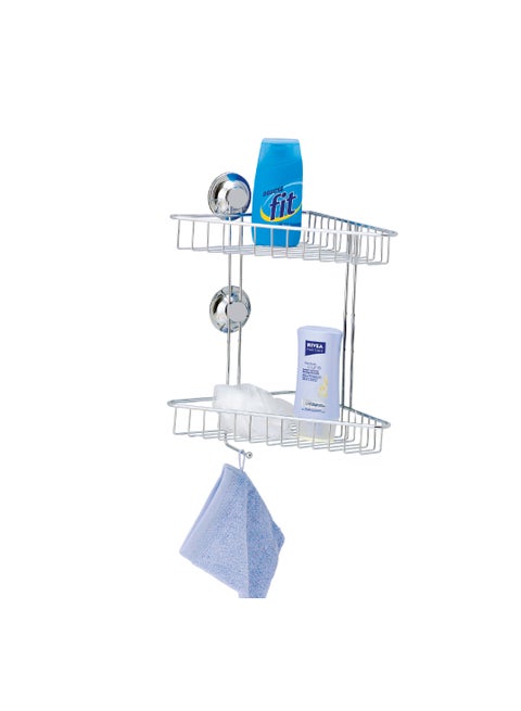 Everloc 2 Shelf Corner Rack, No Drilling, No Screws, No Glue, No Adhesive, Vacuum Suction Wall Mounted, Chrome Corner Bathroom Accessories Holder, Shower Rack, Easy Install, EVL-10202