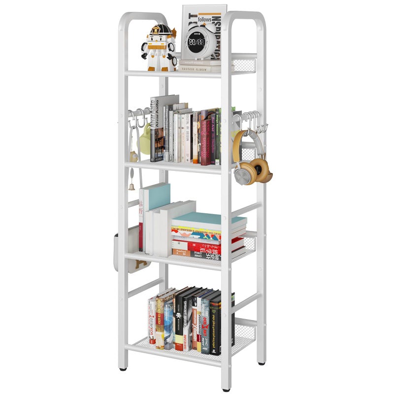 YMYNY Bookshelf Bookcase 4Tier Storage Shelf Metal Shelving Unit 8Pcs S Hooks Modern Style 36 x 27 x 116 cm Corner Shelf Display Units for Living Room Bedroom Office White HBC054W