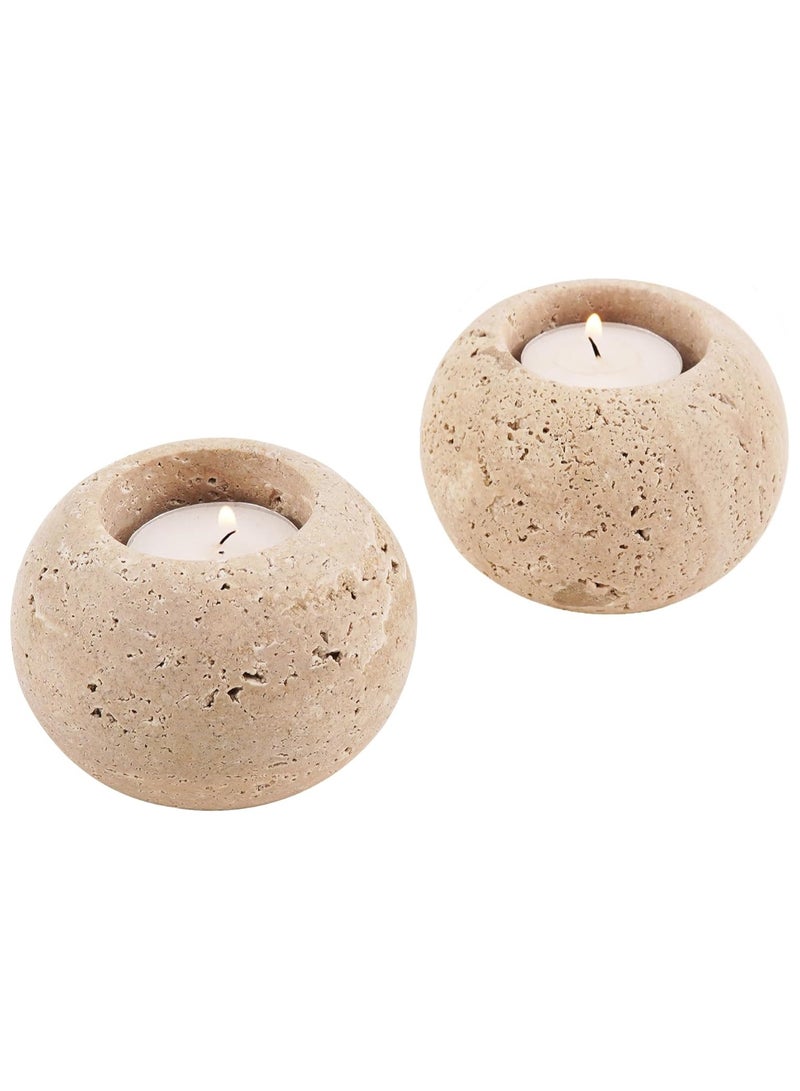 SPESHSTONES Travertine Tealight Candle Holders 3.5 Inch Stone Votive Candles Holder for Birthday & Wedding Party Decoration - Small Tea Lights Candles Set of 2 for Centerpiece Dining Table Decor  - Image 1