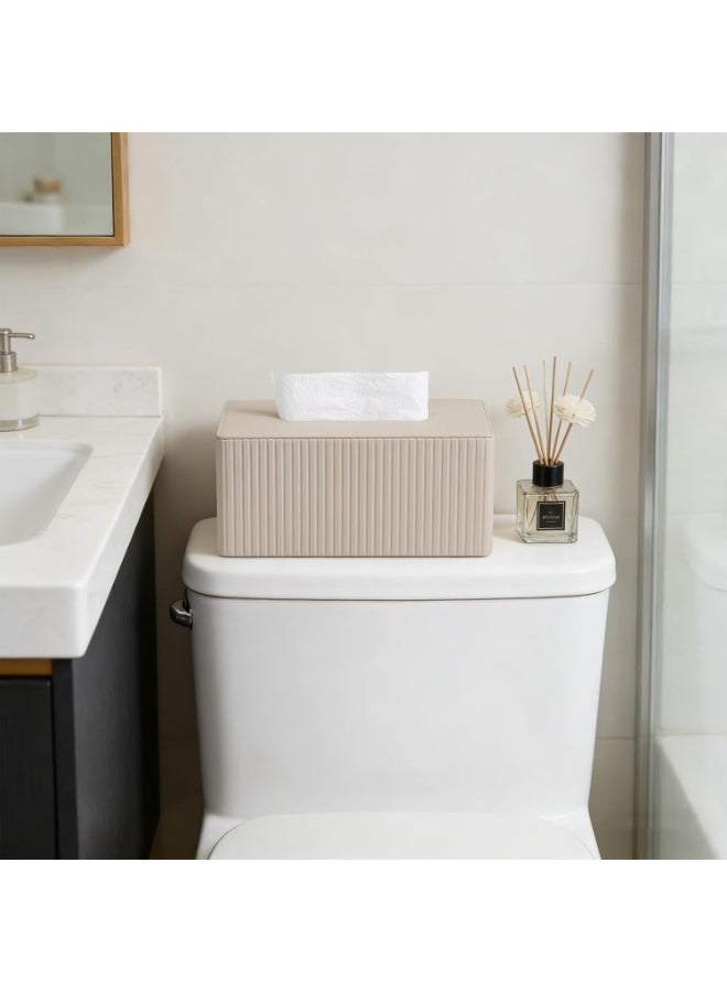 Stylish Pu Leather Rectangular Tissue Box Sleeve With Magnetic Bottom Lid, Suitable For Bathroom, Bedroom, And Office Use, Beige. - Image 2