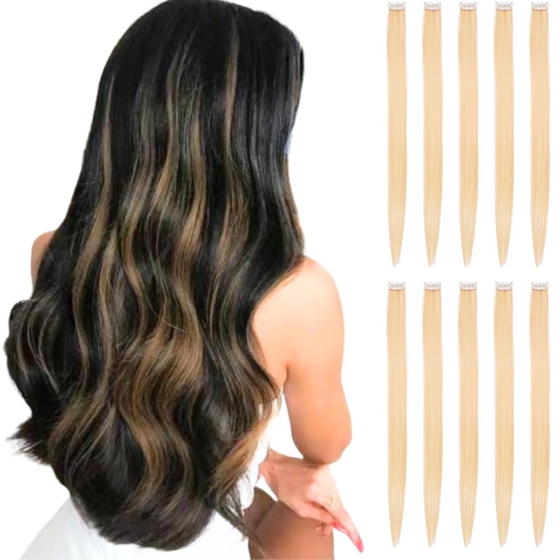 RINBOOOL Blonde Hair Extensions Clip in, 10 Pieces 22 Inch Long Straight Colored Streak Synthetic Accessories Hairpiece Clip ins, Play Party Highlights - Image 1