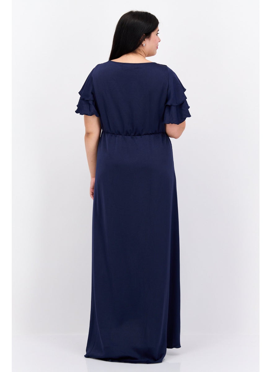 Little Mistress Women Curve Size Solid Maxi Bridesmaid Dress, Navy  - Image 3