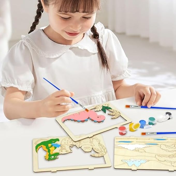 3D WOODEN PAINTING CRAFT KITS FOR KIDS 3 PACK, BUILD & PAINT DINOSAUR OCEAN JUNGLE ANIMALS, DIY ART SET WITH PAINTS BRUSHES, BIRTHDAY CLASSROOM ACTIVITY GIFT FOR BOYS GIRLS AGES 3-8, NATURAL WOOD - Image 4