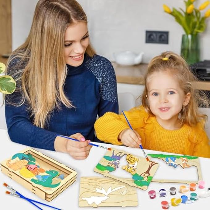 3D WOODEN PAINTING CRAFT KITS FOR KIDS 3 PACK, BUILD & PAINT DINOSAUR OCEAN JUNGLE ANIMALS, DIY ART SET WITH PAINTS BRUSHES, BIRTHDAY CLASSROOM ACTIVITY GIFT FOR BOYS GIRLS AGES 3-8, NATURAL WOOD - Image 5