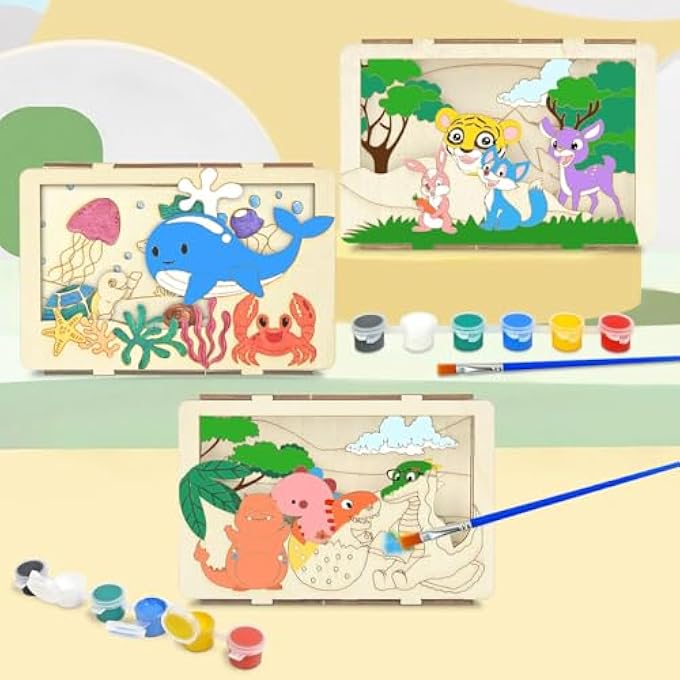3D WOODEN PAINTING CRAFT KITS FOR KIDS 3 PACK, BUILD & PAINT DINOSAUR OCEAN JUNGLE ANIMALS, DIY ART SET WITH PAINTS BRUSHES, BIRTHDAY CLASSROOM ACTIVITY GIFT FOR BOYS GIRLS AGES 3-8, NATURAL WOOD - Image 2