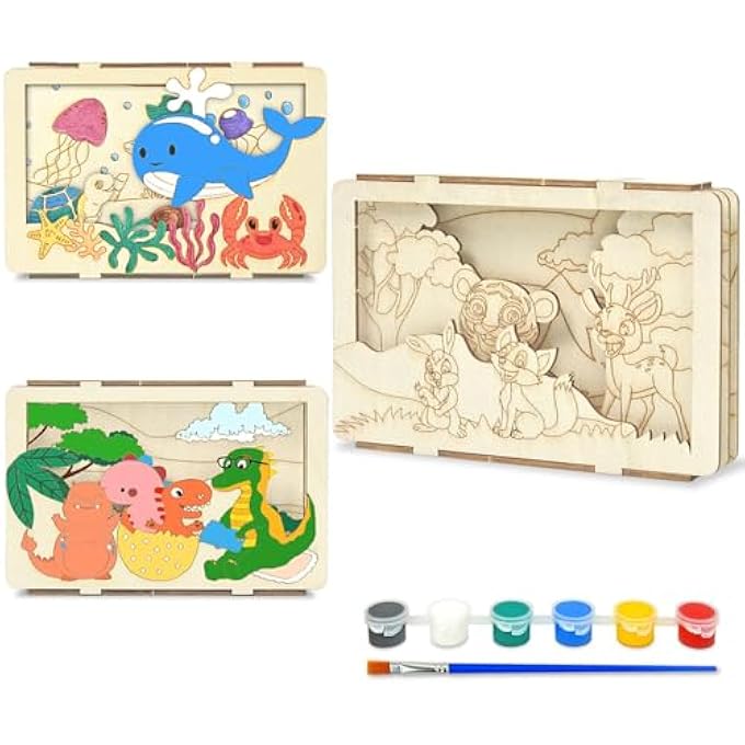 3D WOODEN PAINTING CRAFT KITS FOR KIDS 3 PACK, BUILD & PAINT DINOSAUR OCEAN JUNGLE ANIMALS, DIY ART SET WITH PAINTS BRUSHES, BIRTHDAY CLASSROOM ACTIVITY GIFT FOR BOYS GIRLS AGES 3-8, NATURAL WOOD - Image 1