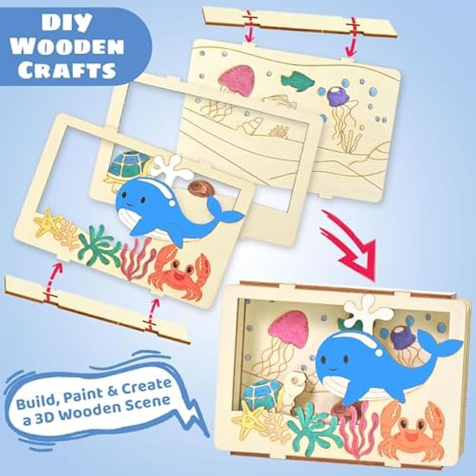 3D WOODEN PAINTING CRAFT KITS FOR KIDS 3 PACK, BUILD & PAINT DINOSAUR OCEAN JUNGLE ANIMALS, DIY ART SET WITH PAINTS BRUSHES, BIRTHDAY CLASSROOM ACTIVITY GIFT FOR BOYS GIRLS AGES 3-8, NATURAL WOOD - Image 3