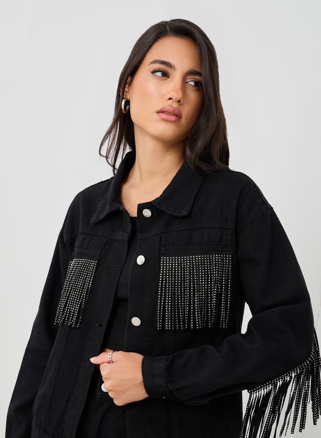 Styli Styli Regular Fit Buttoned Denim Jacket with Frings Detail  - Image 4