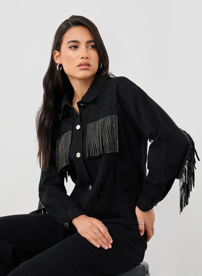 ستايلي Styli Regular Fit Buttoned Denim Jacket with Frings Detail