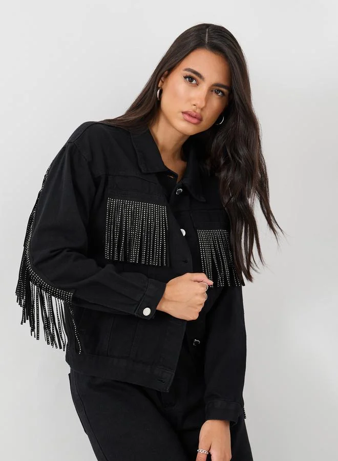 ستايلي Styli Regular Fit Buttoned Denim Jacket with Frings Detail