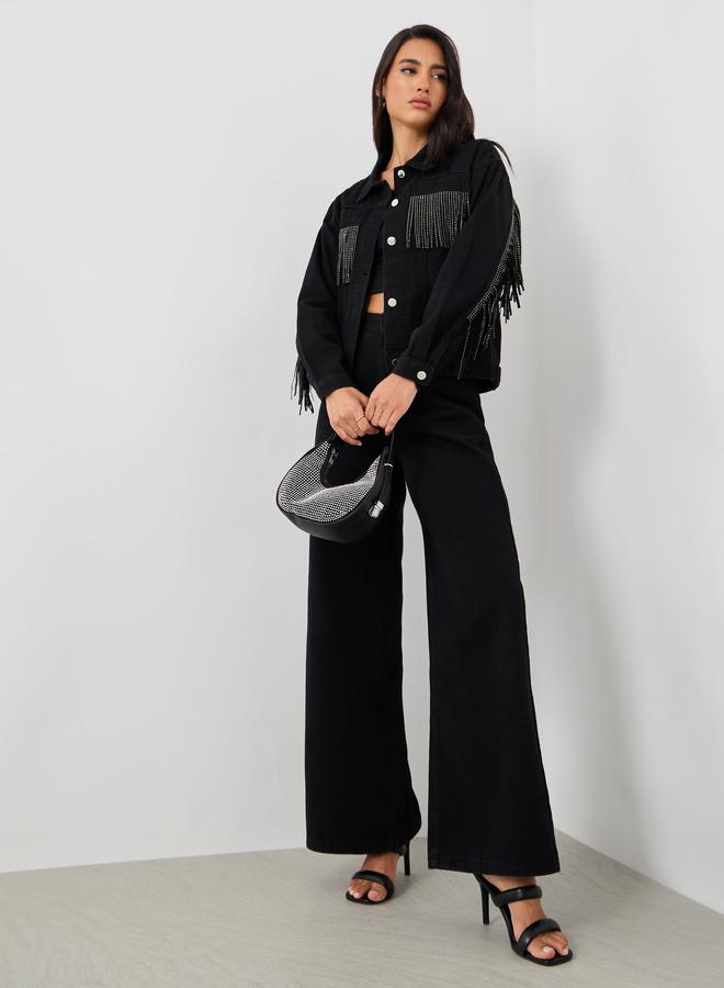 Styli Styli Regular Fit Buttoned Denim Jacket with Frings Detail  - Image 3