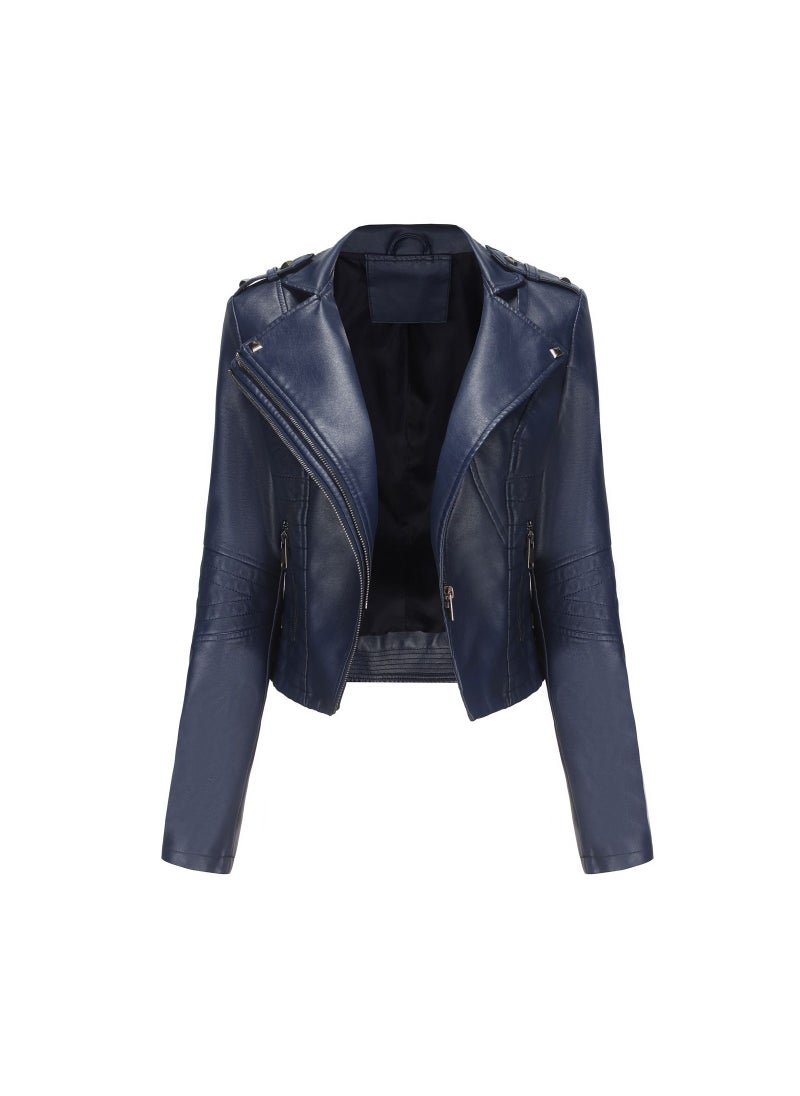 Women's New Popular Short Fit Coat Zipper Leather Jacket Dark Blue - pzsku/ZBD5C9EABEB013A0DEE63Z/45/_/1691896903/79a1ca32-809d-4884-9400-43c097253288