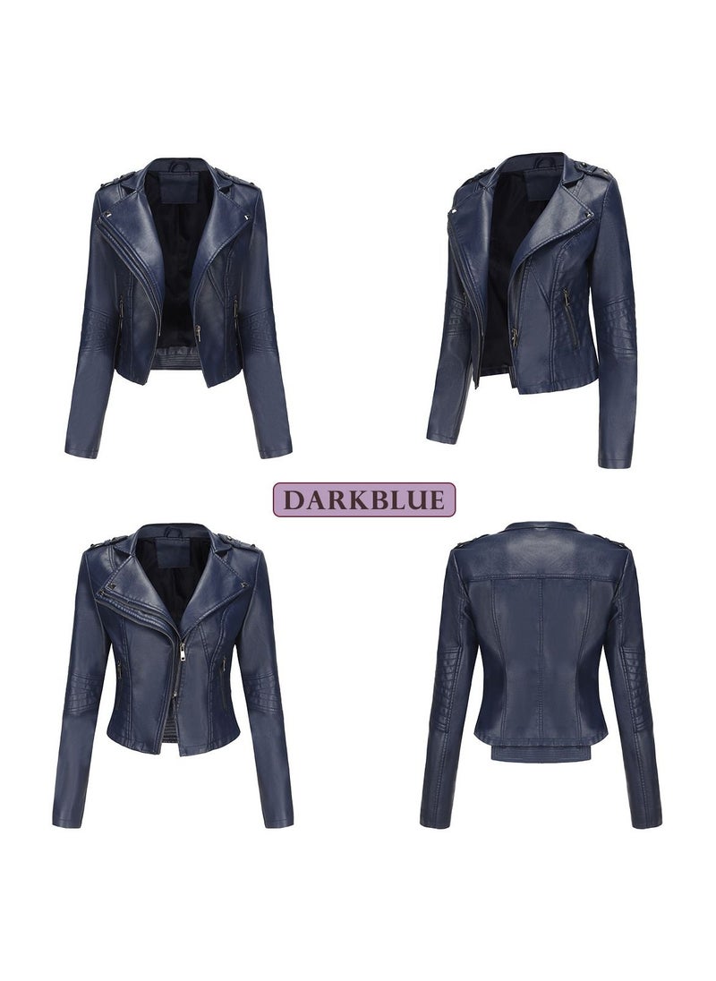 Women's New Popular Short Fit Coat Zipper Leather Jacket Dark Blue - pzsku/ZBD5C9EABEB013A0DEE63Z/45/_/1691896904/076c78e1-4178-4c25-ba90-3426f10215ad