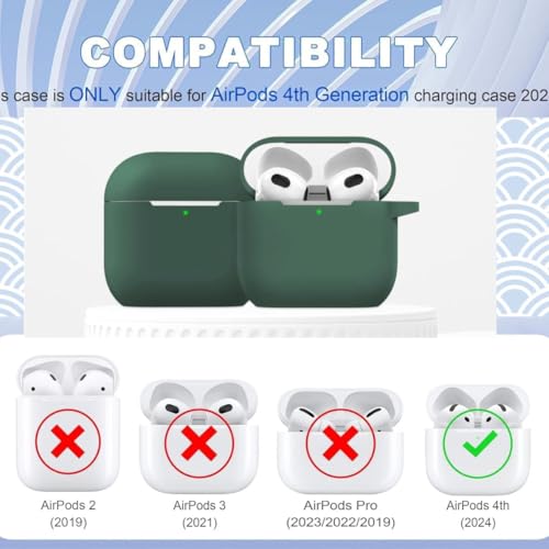 Emoh Roced for Apple Airpods 4th Generation Case Cover(2024), Silicone Case with Cleaner Kit & Keychain Compatible Compatible with Airpods 4 (Green) - Image 2