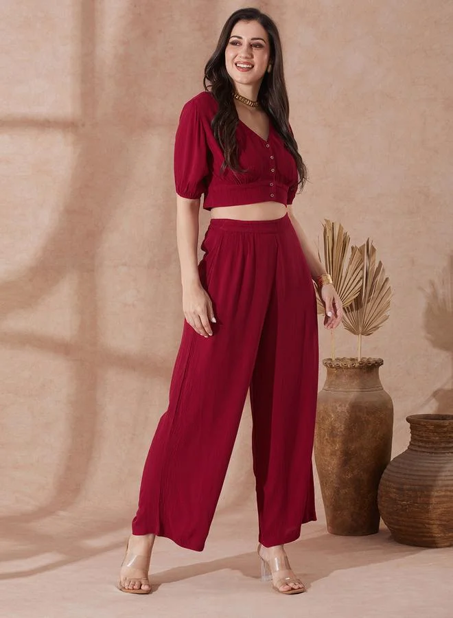 globus Globus Red Button Detail Crop Top and Wide Leg Trousers Co-Ords