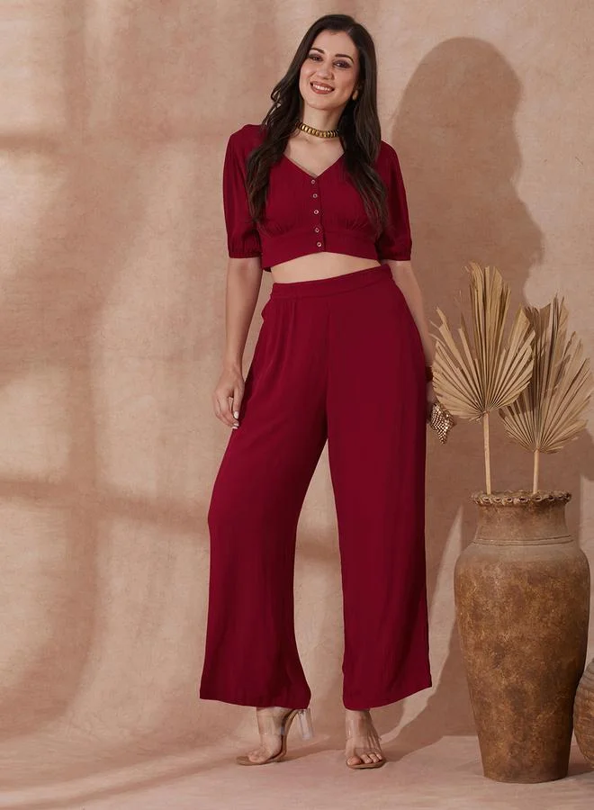 globus Globus Red Button Detail Crop Top and Wide Leg Trousers Co-Ords