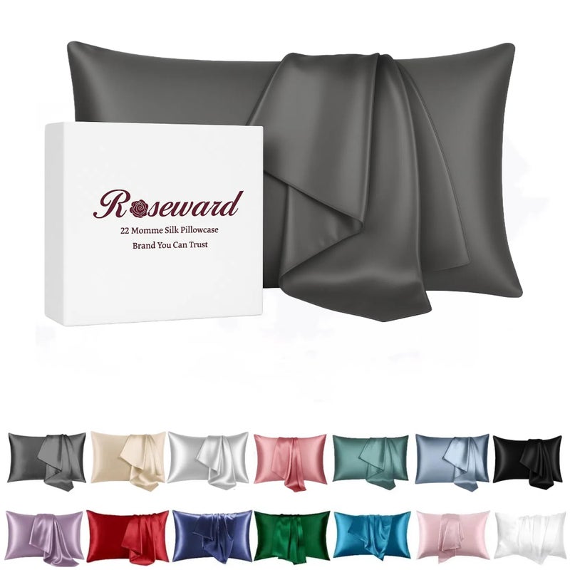 ROSEWARD Pure Mulberry Silk Pillow Cases Standard Size OekoTEX Certified 100 Silk Pillowcase for Hair and Skin Premium 22 Momme silk zippered pillowcase USA Dark Gray 1 Pc 20x26 Standard Slate Grey - Image 2