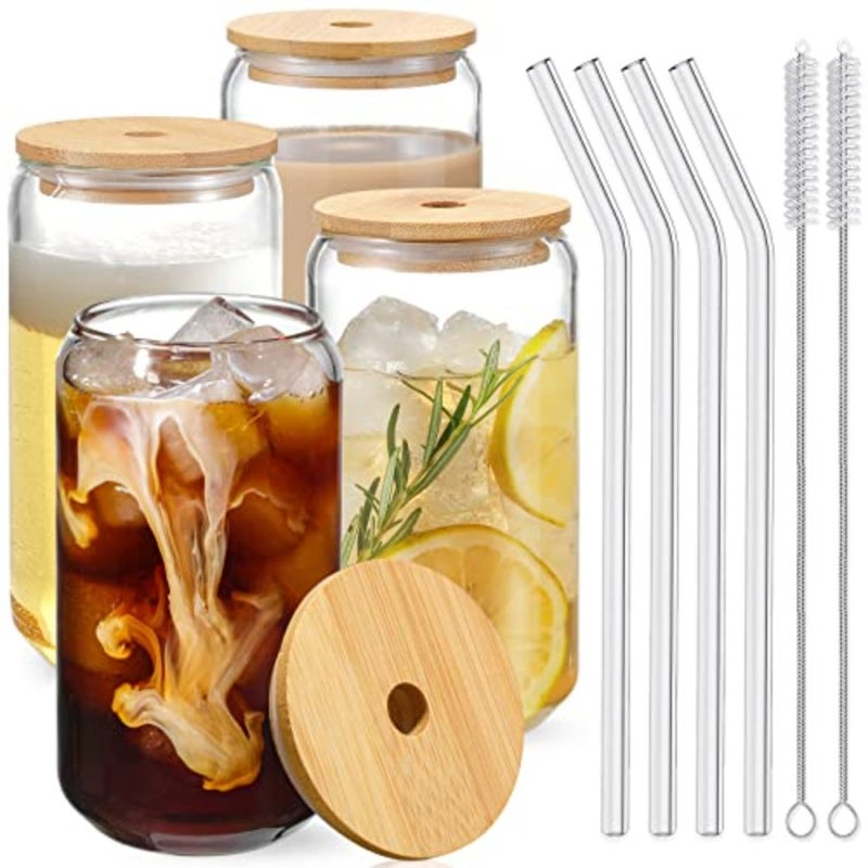 Drinking Glasses with Bamboo Lids and Glass Straw 4pcs Set - oz Glass Cups, Iced Coffee Glasses, Cute iced Tea Glasses, Beer Glasses, Ideal for Coffee Bar Accessories, Aesthetic Gift - 2 Brushes - Image 1