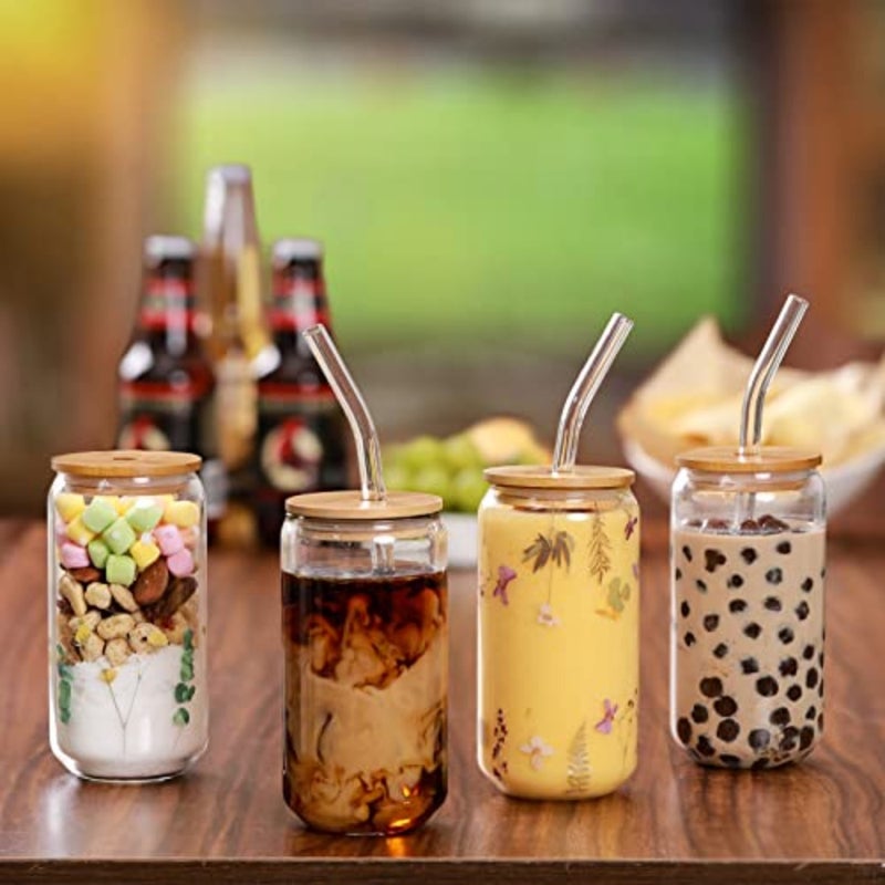 Drinking Glasses with Bamboo Lids and Glass Straw 4pcs Set - oz Glass Cups, Iced Coffee Glasses, Cute iced Tea Glasses, Beer Glasses, Ideal for Coffee Bar Accessories, Aesthetic Gift - 2 Brushes - Image 3