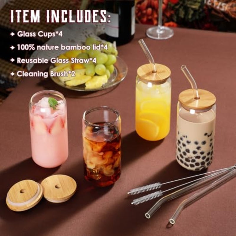 Drinking Glasses with Bamboo Lids and Glass Straw 4pcs Set - oz Glass Cups, Iced Coffee Glasses, Cute iced Tea Glasses, Beer Glasses, Ideal for Coffee Bar Accessories, Aesthetic Gift - 2 Brushes - Image 2