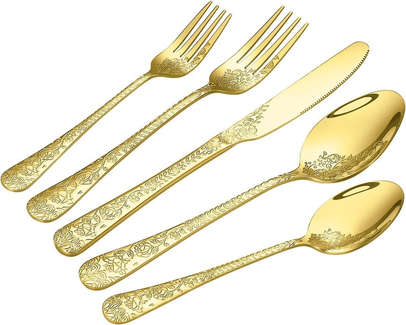 Lazycorner Floral 20 Pcs Gold Silverware Set for 4 Food Grade Stainless Steel Flatware Set with Rose Flower Embossed Design Eating Utensils Sets Include ForkKnifeSpoon Reusable Cutlery Set Dishwasher Safe - Image 1
