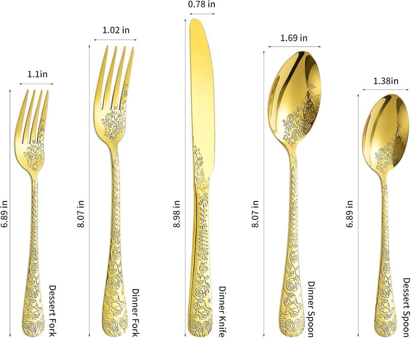 Lazycorner Floral 20 Pcs Gold Silverware Set for 4 Food Grade Stainless Steel Flatware Set with Rose Flower Embossed Design Eating Utensils Sets Include ForkKnifeSpoon Reusable Cutlery Set Dishwasher Safe - Image 4