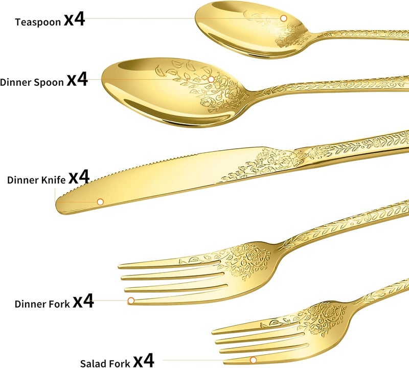Lazycorner Floral 20 Pcs Gold Silverware Set for 4 Food Grade Stainless Steel Flatware Set with Rose Flower Embossed Design Eating Utensils Sets Include ForkKnifeSpoon Reusable Cutlery Set Dishwasher Safe - Image 3