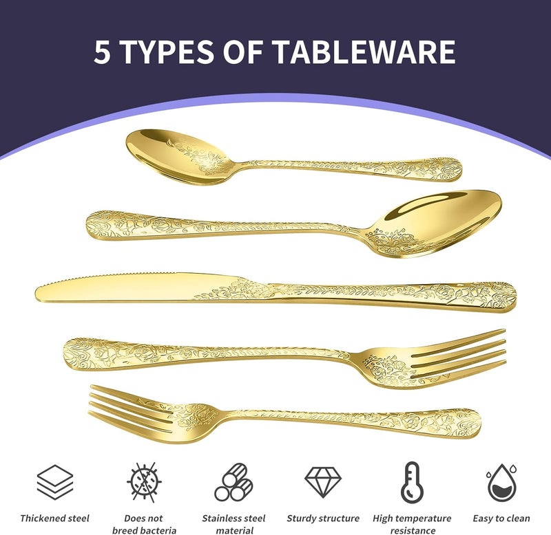 Lazycorner Floral 20 Pcs Gold Silverware Set for 4 Food Grade Stainless Steel Flatware Set with Rose Flower Embossed Design Eating Utensils Sets Include ForkKnifeSpoon Reusable Cutlery Set Dishwasher Safe - Image 2