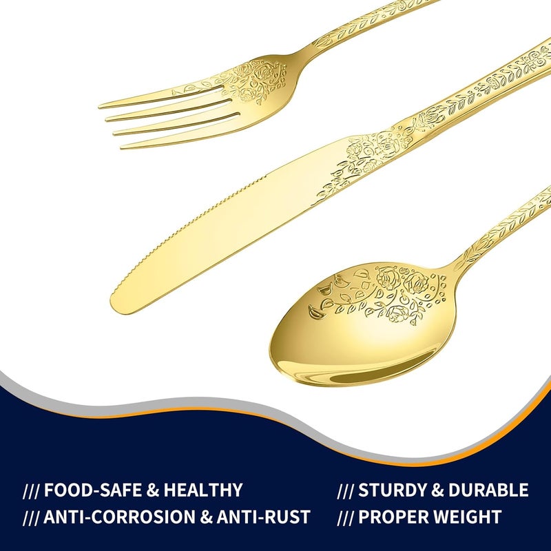 Lazycorner Floral 20 Pcs Gold Silverware Set for 4 Food Grade Stainless Steel Flatware Set with Rose Flower Embossed Design Eating Utensils Sets Include ForkKnifeSpoon Reusable Cutlery Set Dishwasher Safe - Image 5