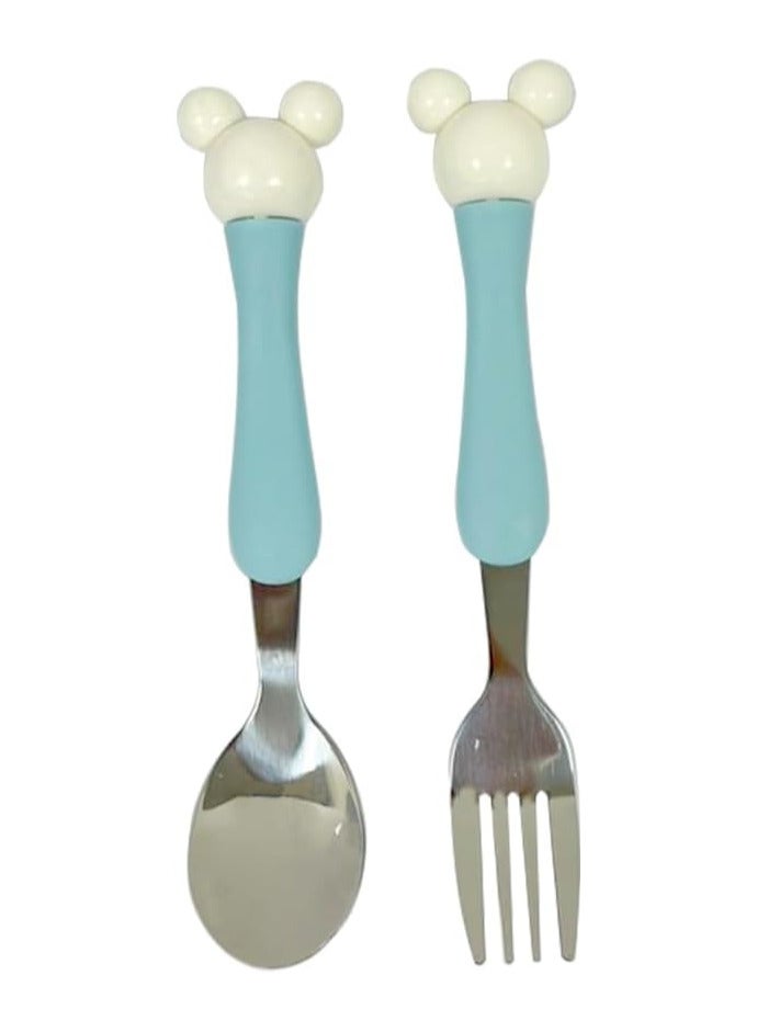 BrainGiggles BrainGiggles Kids Cutlery Set with Case, Round Edge Stainless Steel BPA Free Handles with Non-Slip Grip, Spoon and Fork Toddler Cutlery Set for Lunch Box, Mickey Ear Engraved Children Tableware (Blue) - Image 1