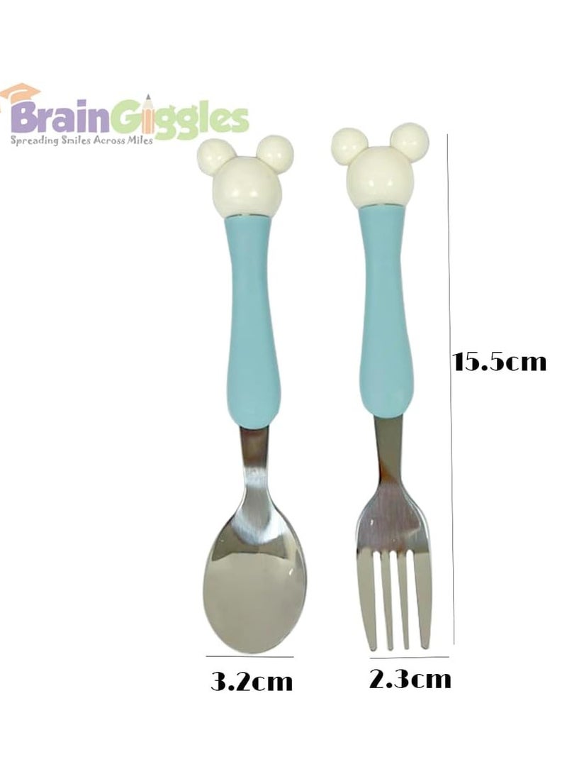 BrainGiggles BrainGiggles Kids Cutlery Set with Case, Round Edge Stainless Steel BPA Free Handles with Non-Slip Grip, Spoon and Fork Toddler Cutlery Set for Lunch Box, Mickey Ear Engraved Children Tableware (Blue) - Image 2