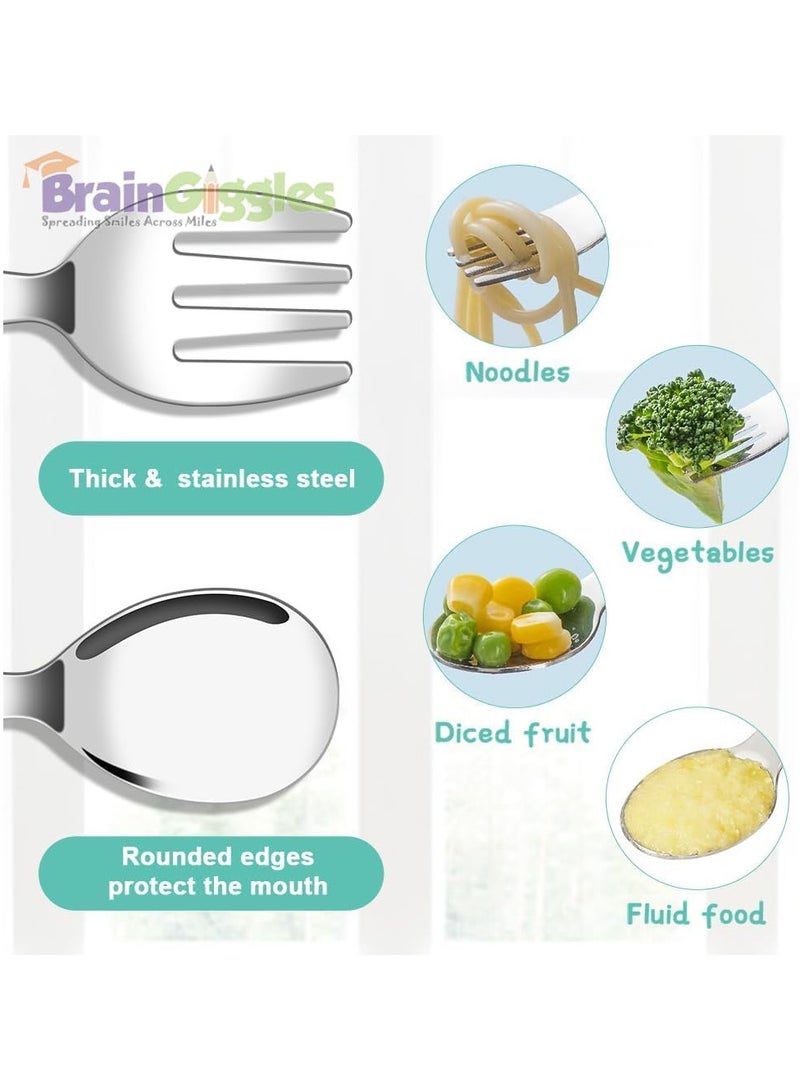 BrainGiggles BrainGiggles Kids Cutlery Set with Case, Round Edge Stainless Steel BPA Free Handles with Non-Slip Grip, Spoon and Fork Toddler Cutlery Set for Lunch Box, Mickey Ear Engraved Children Tableware (Blue) - Image 5