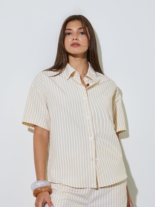 Styli Yellow Striped Short Sleeve Shirt and Wide Leg Pants Set - Image 3