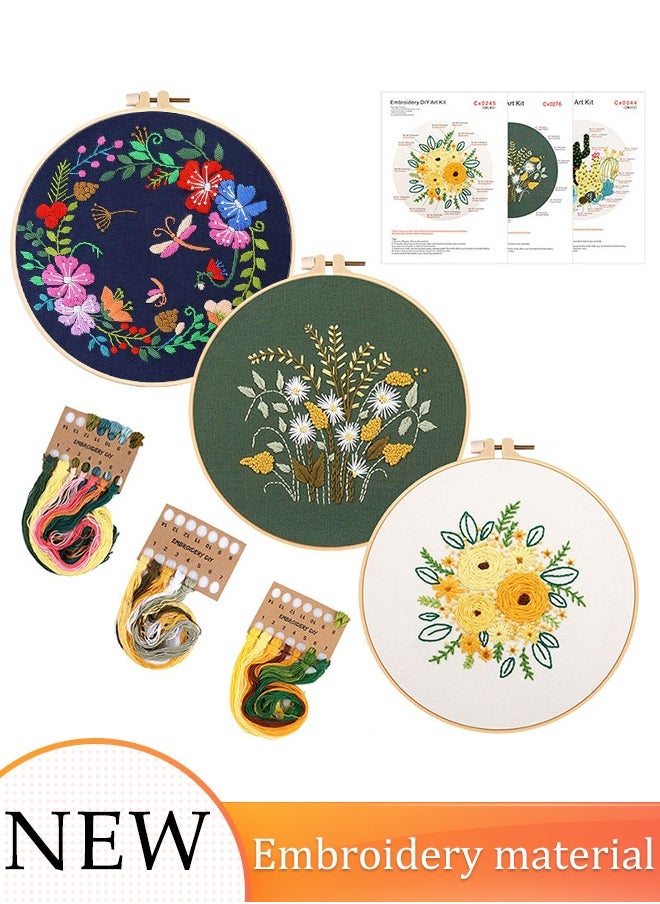 null - 3 Sets Embroidery Starter Kit for Beginners, 8“ Stamped Embroidery Kit with Pattern and Instructions,Cross Stitch Starter Kits Adults Crafts - Image 1