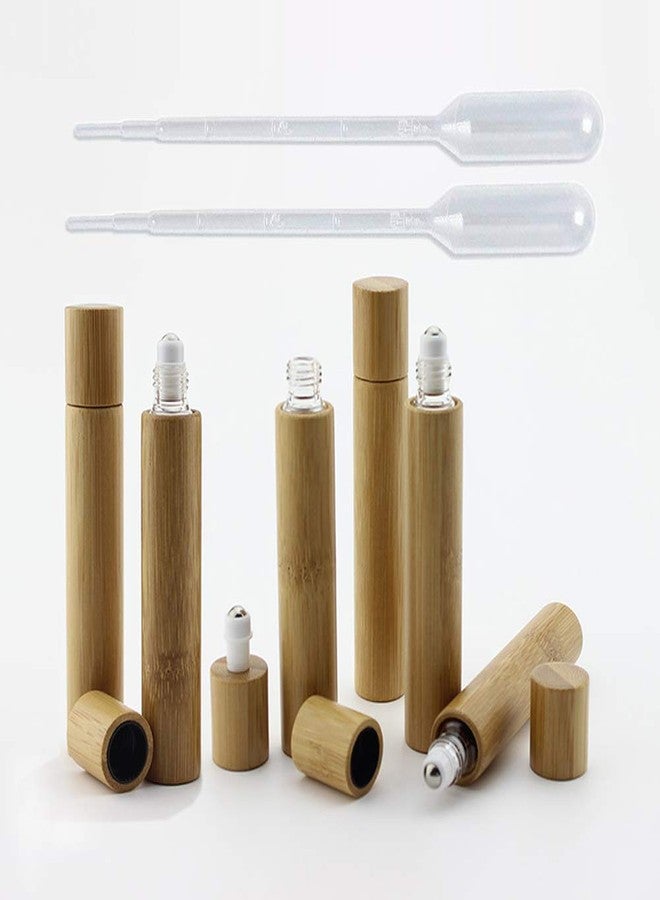 lasenersm 6 Pieces Roll On Bottles 10ml Bamboo Shell Clear Glass Roller Bottles Empty Refillable Essential Oil Roller Bottles with Stainless Steel Roller Ball and 2 Pieces 3ml Dropper - Image 1