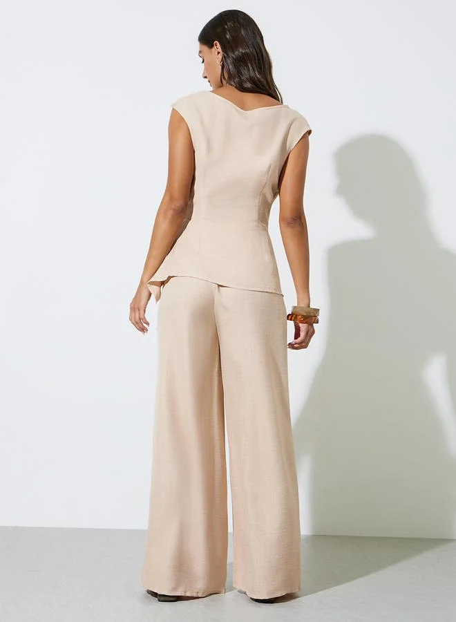 Styli  Beige Textured Sleeveless Blouse and Wide Leg Trousers Co-Ord Set for Women | Best Price UAE