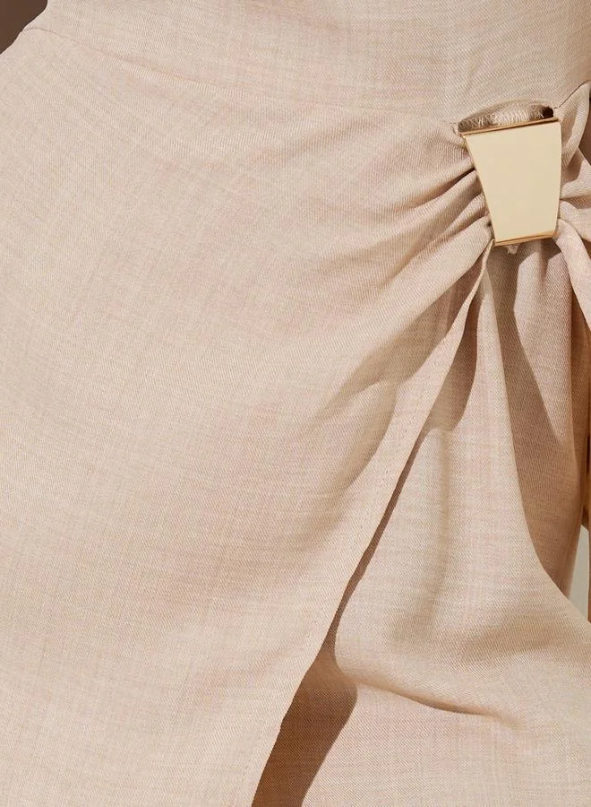 Styli  Beige Textured Sleeveless Blouse and Wide Leg Trousers Co-Ord Set for Women | Best Price UAE